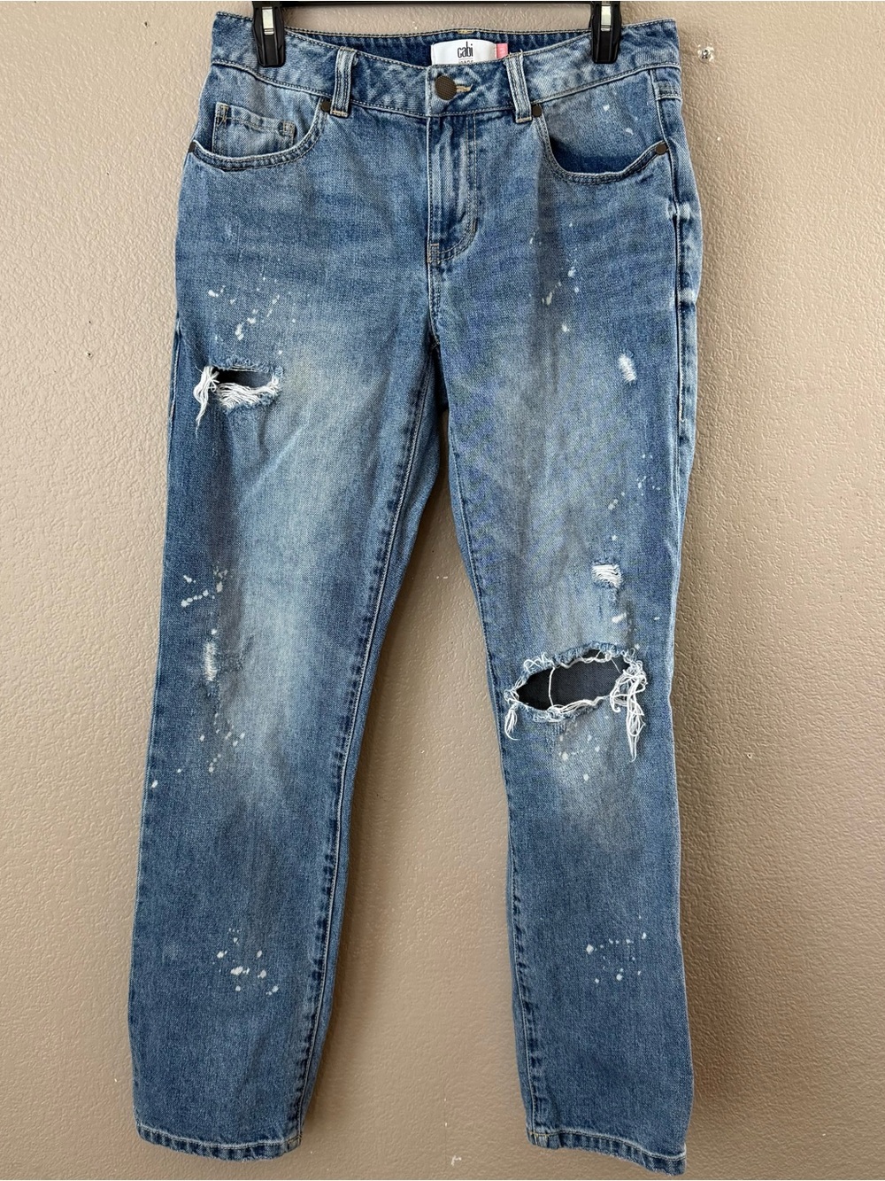 CAbi Distressed Blue Straight-Leg Jeans with Paint-Splatter